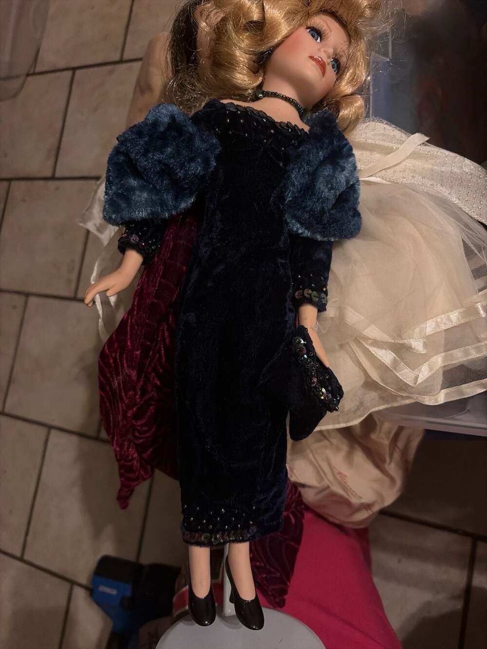 Collector's Choice Porcelain Doll in Blue Velvet Gown with Faux Fur Stole